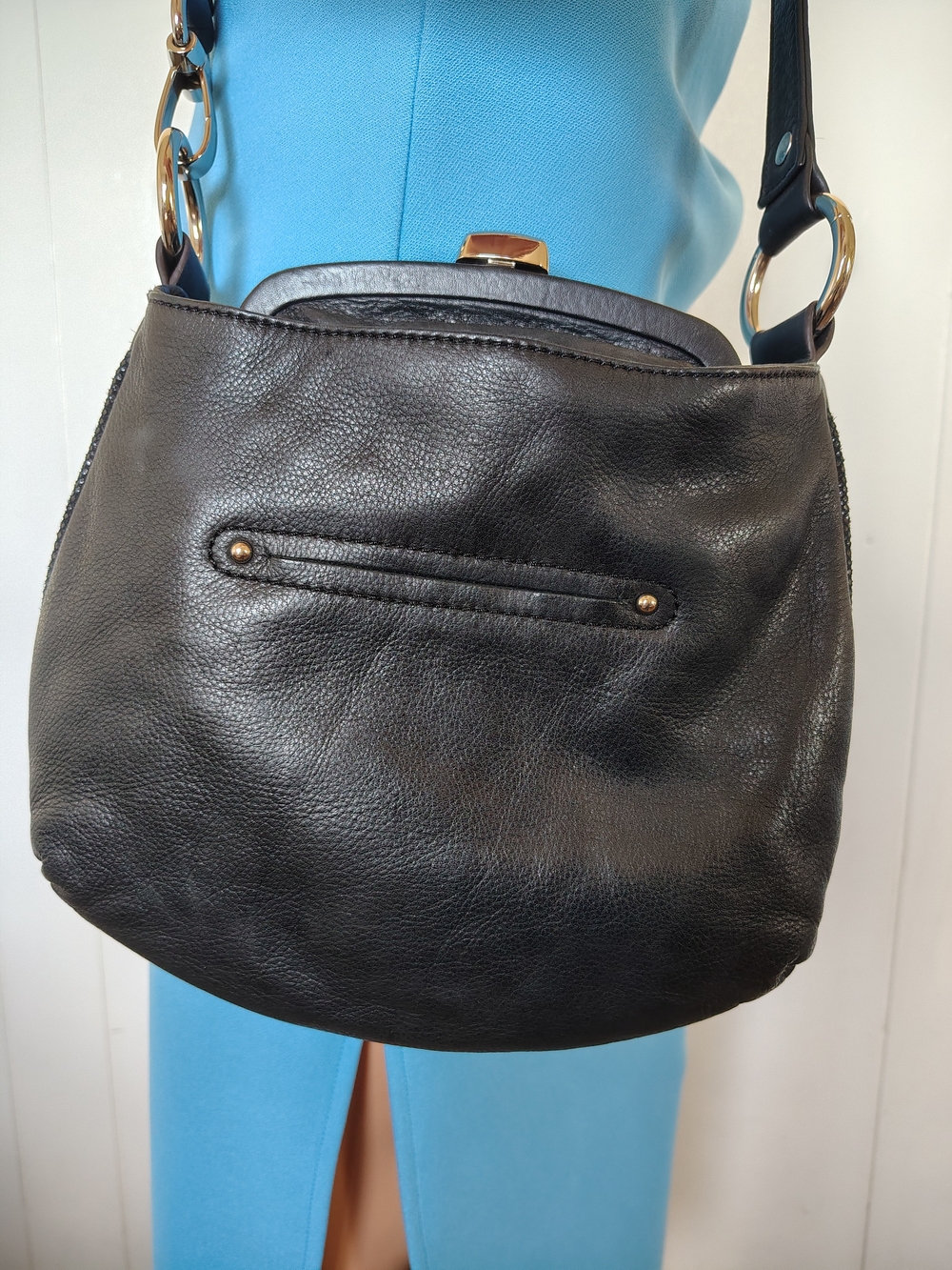 B Makowsky Black Leather Crossbody with Silver Hardware. - Picture 3 of 13